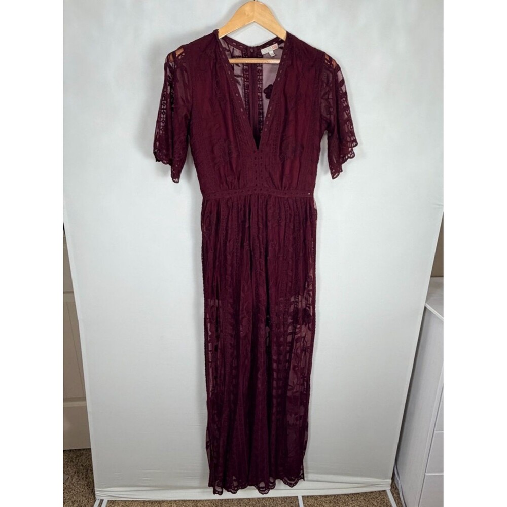 Gianni Bini Burgundy Embroidered Lace Romper Deep V Maxi Dress Sheer Boho Small